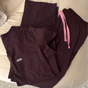 Figs scrubs Livingston pant & one pocket top in burgundy